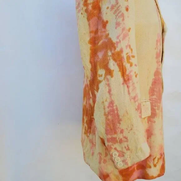 Silk blazer suit jacket painted tiedye orange yellow cream pink large 40 41
